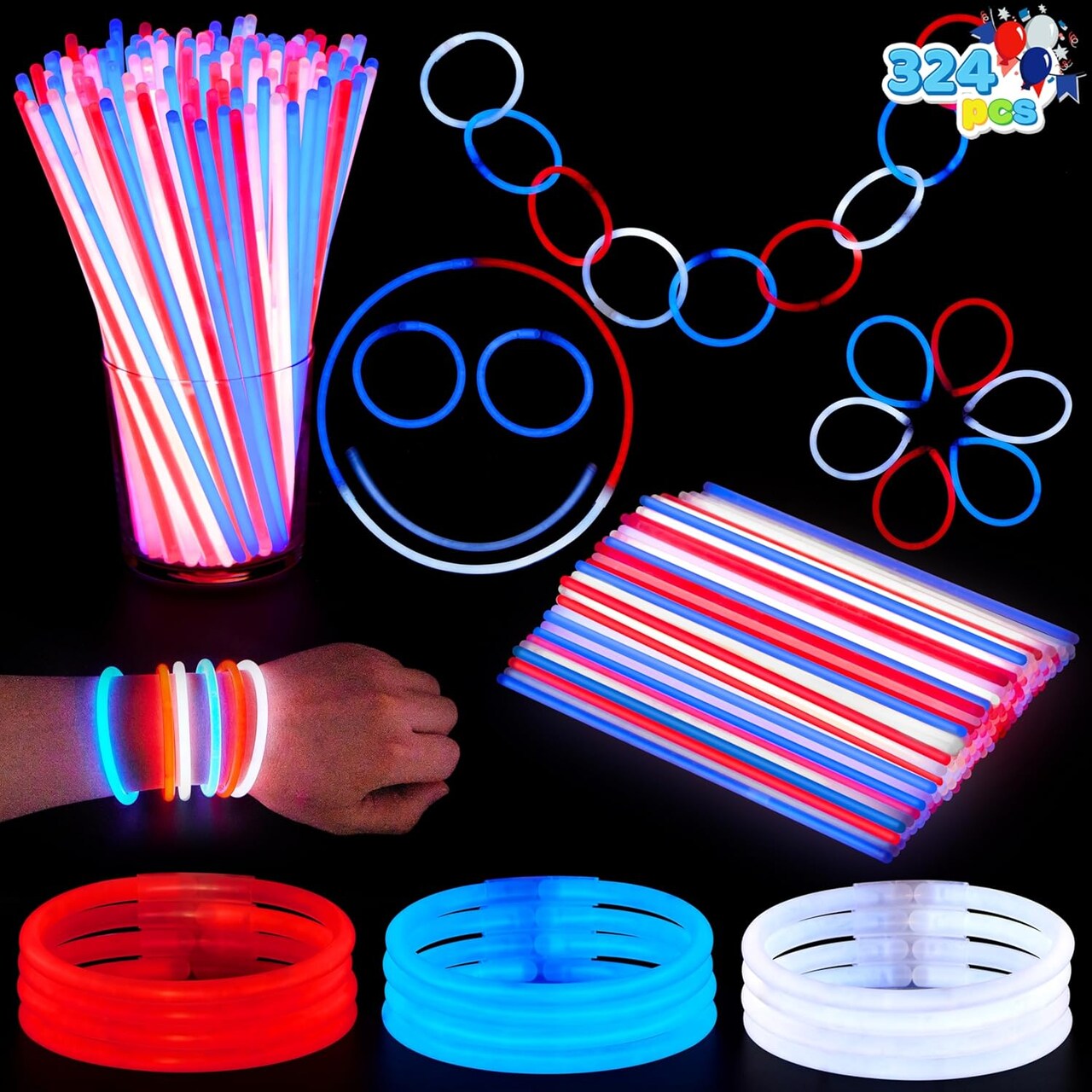 72 Pcs 4th of July Glow Sticks with connectors, Red White Blue Glow in the Dark Bracelets for Kids Adults, Patriotic LED Light Up Toys for Independence Day, Memorial Day, Party Favors